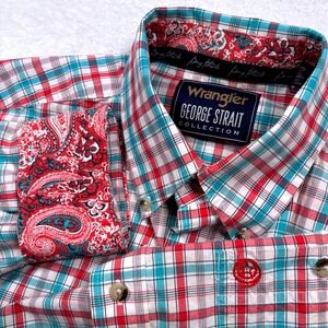 George Strait Western Shirt Men L Red White Aqua Blue Plaid Flip Cuff Rodeo Logo